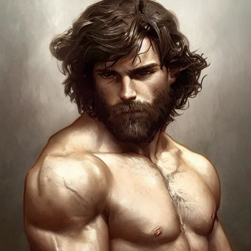 Image similar to portrait of a young rugged ranger, muscular, upper body, hairy torso, D&D, fantasy, intricate, cinematic lighting, highly detailed, digital painting, artstation, concept art, smooth, sharp focus, illustration, art by Artgerm and Greg Rutkowski and Alphonse Mucha