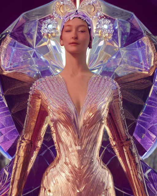 Image similar to a highly detailed metahuman 8 k close up render of bella hadid evangelion renaissance in iris van herpen dress schiaparelli in diamonds crystals swarovski and jewelry iridescent in style of alphonse mucha gustav klimt trending on artstation made in unreal engine 4