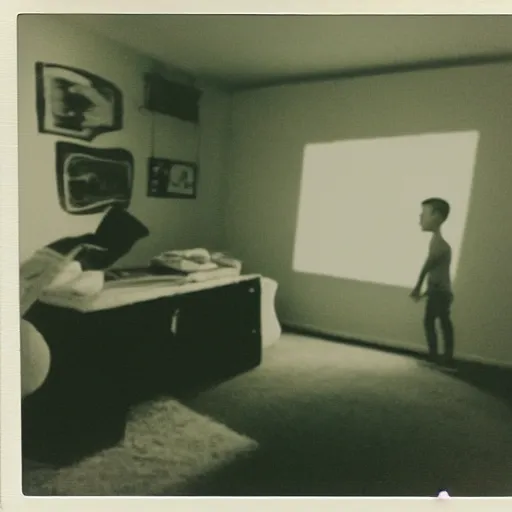 Prompt: liminal picture of a bedroom, a boy is seen in the background playing crash bandicoot 3, taken in 1998, polaroid, highly detailed