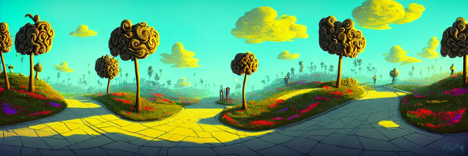 Image similar to curled perspective digital art of curly clouds cobblestone street with wildflowers to a casino in top of a hill with curly palmtrees by anton fadeev from nightmare before christmas