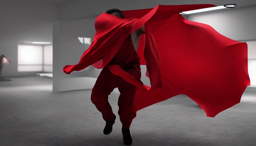 Prompt: man wrapped in redsilksheet, actionpose, photorealistic rendering, raytracing, volumetric lighting, cloth simulation, reflections, darkness, high contrast