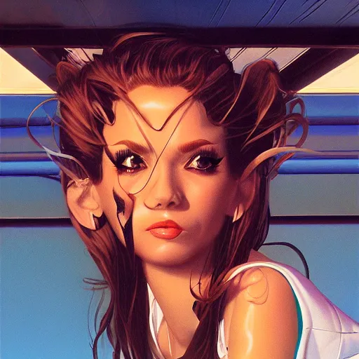 Image similar to detailed face of a woman, cool skydome, fresh atmosphere, ambient, rick guidice, syd mead, artgerm, hajime sorayama