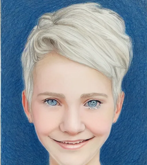 Image similar to claire barnes, a 1 5 - year - old white girl with a round face, pixie cut platinum blonde hair, round blue eyes, rosy cheeks, and a happy expression, highly detailed portrait, color pencil sketch