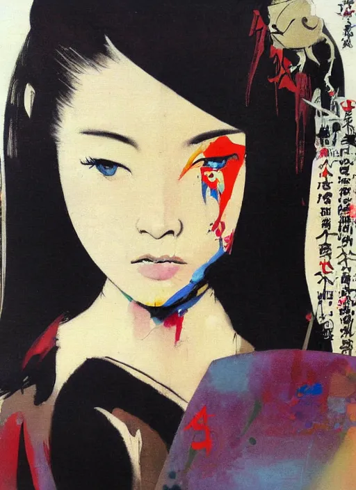 Prompt: painting of a young japanese woman standing in harajuku street art by frank frazetta