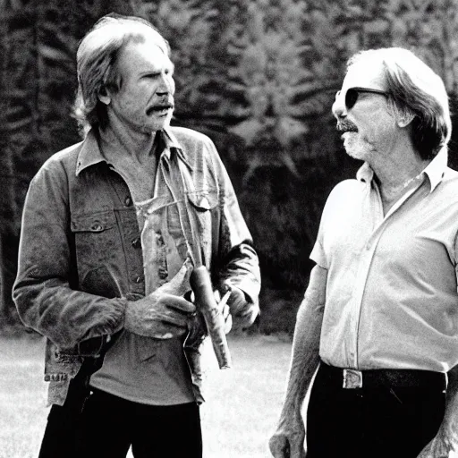 Prompt: movie still, 1 9 8 0 s, harrison ford and john carpenter talking