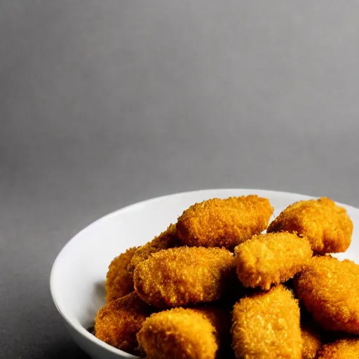 Prompt: chicken nuggets made of gold in a bowl made of silver, studio photo, dslr close up