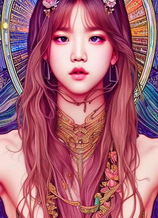 Image similar to lalisa manoban of blackpink, goddess of the moon, tarot card, highly detailed, digital painting, smooth, sharp focus, illustration, ultra realistic, 8 k, art by artgerm and alphonse mucha