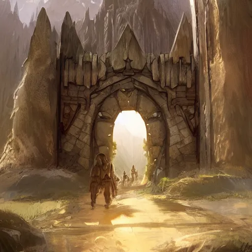 Image similar to beautiful digital painting of front gate of dwarf city of Erebor from Hobbit trending on Artstation, by Daniel Dociu and Greg Rutkowski, high quality, ultra detailed, ultra realistic, concept art, landscape, architecture, city gate