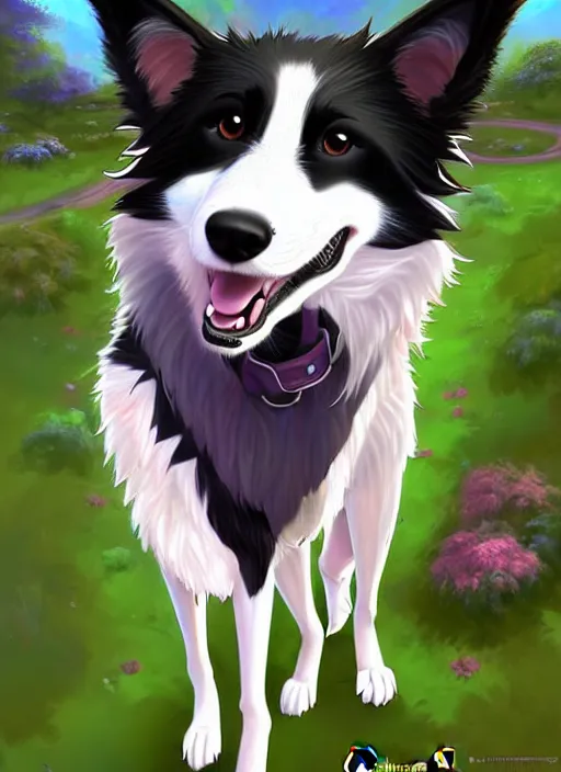 Prompt: full body digital painting of a cute male anthropomorphic border collie fursona wearing a jacket in front of a park, furaffinity, scenic background, intricate, elegant, beautiful, fantasy, highly detailed, glamor pose, trending on artstation, art by charlie bowater and henry asencio and and ross tran