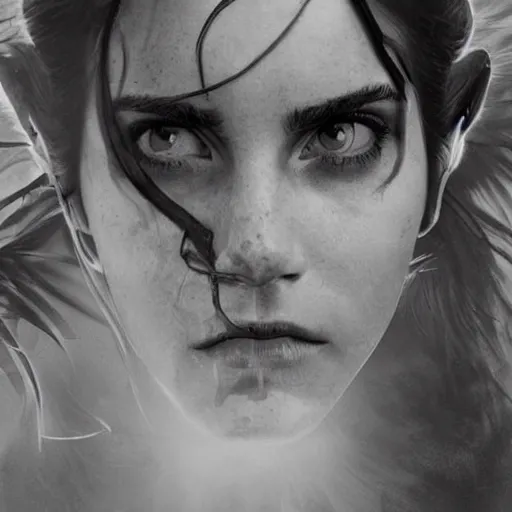 Image similar to Very funny Emma Watson looking like an old monkey, colorful painting on grey scale face, powerful , magic, thunders, dramatic lighting, intricate, wild, highly detailed, digital painting, artstation, concept art, smooth, sharp focus, illustration, art by artgerm and greg rutkowski and alphonse mucha, footage