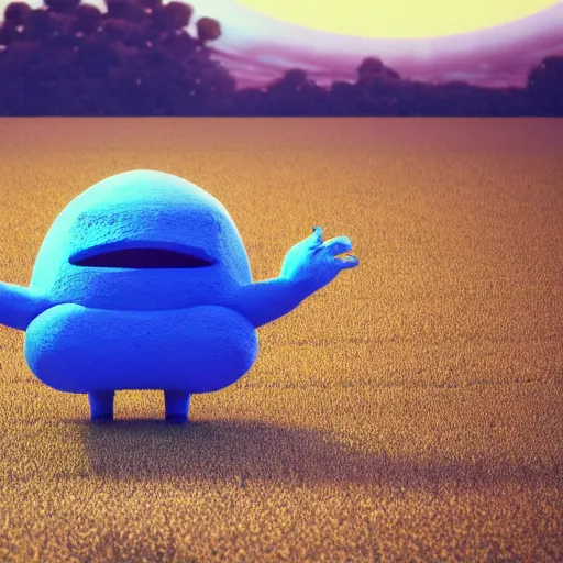 Image similar to a blue monster with its mouth open in the middle of a field, a 3 d render by mike winkelmann, trending on behance, funk art, behance hd, rendered in cinema 4 d, rendered in maya
