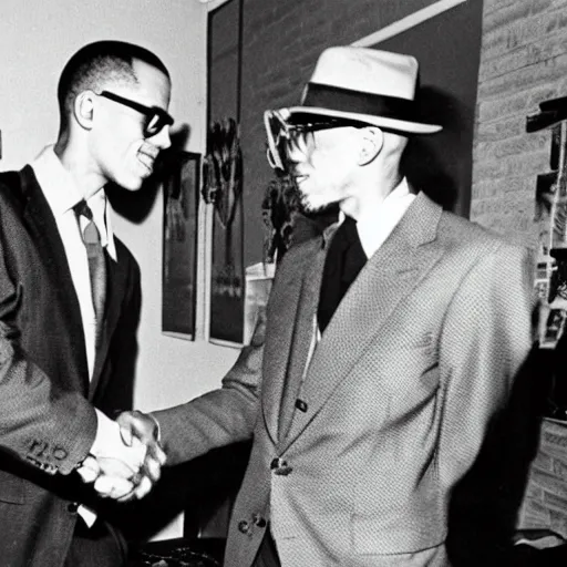 Prompt: vintage photograph of hunter s. thompson and malcolm x shaking hands with each other, very detailed, very intricate,