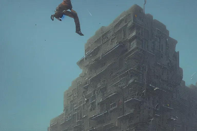 Image similar to man falling from the top of the building, wide shot, sci fi, art by mike winkelmann, trending on cgsociety, retrofuturism, darksynth, sci - fi, reimagined by beksinski carl spitzweg