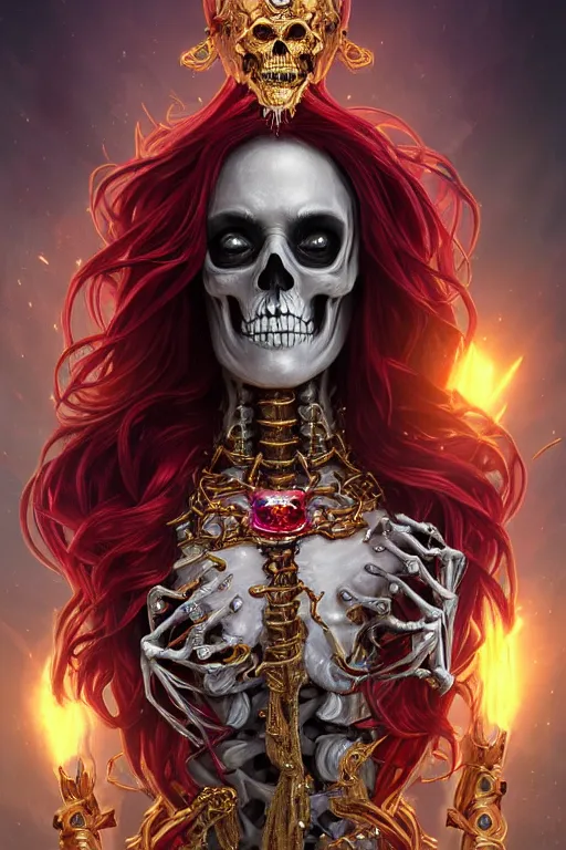 Prompt: woman lich skeleton made of iridescent aether and shiny gems covered with blood, long red hair, golden necklace, ultra realistic, concept art, intricate details, highly detailed, photorealistic, octane render, 8 k, unreal engine. dnd art by artgerm and greg rutkowski and alphonse mucha