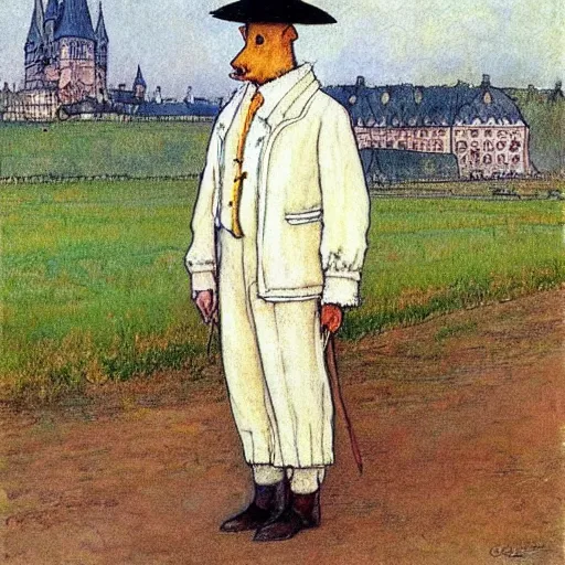 Image similar to painting by carl larsson, cow, dressed, anthropomorphic!!, wearing!!! clothes!!!, standing next to royal castle!!!