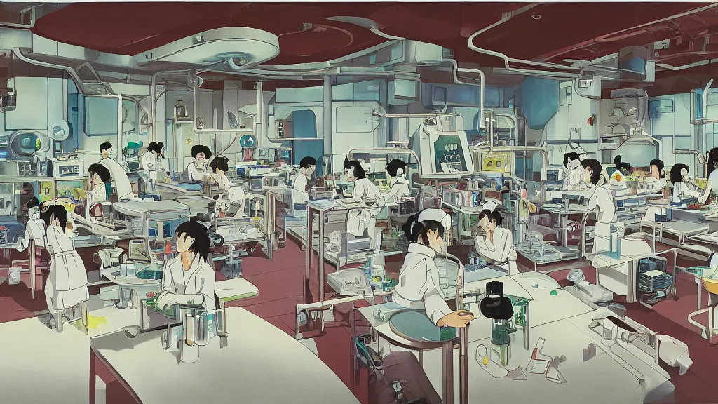 Prompt: futuristic cloning science lab, anime background, interior, gouache, hand painted, in the style of kazuo oga, studio ghibli