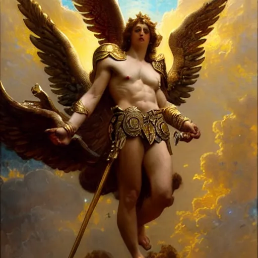 Image similar to saint michael the angel, guarding the world from evil. highly detailed painting by gaston bussiere, greg rutkowski, j c leyendecker 8 k