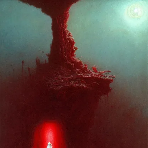 Image similar to will farrell entering a chasm full of unspeakable cosmic horrors, horror, blood red, terrifying atmosphere, atmospheric, by greg rutkowski and zdzisław beksinski, 8 k