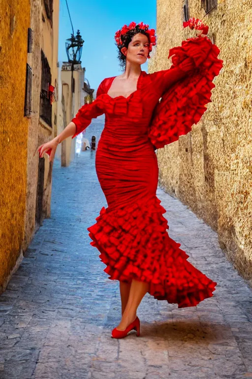Image similar to spanish flamenco dancer in mallorca wearing a red dress made of flowers, photo realistic, extreme detail skin, natural beauty, no filter, slr, golden hour, 4 k, high definition, selfie