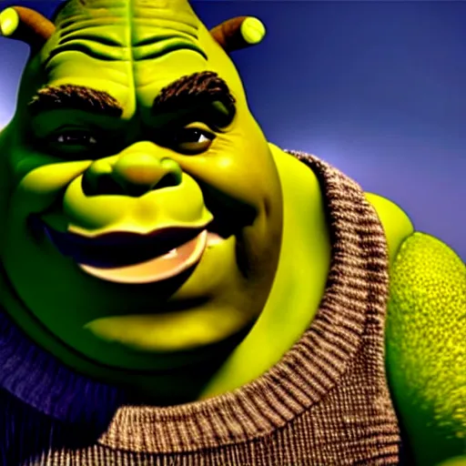 Image similar to a dramatic cinematic shot of shrek eating an onion, 8 k, ultra - realistic