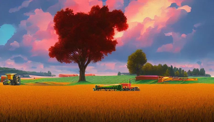 Prompt: colourful sky, wheat field, combine harvester, big trees, matte painting, art station, digital art, simon stalenhag