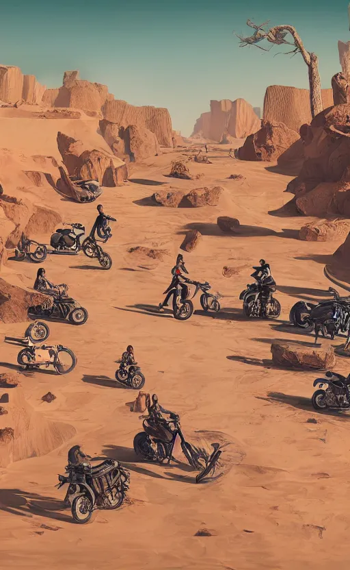 Prompt: a desert path with motorcycles and humans walking around by marcel deneuve möbius beeple