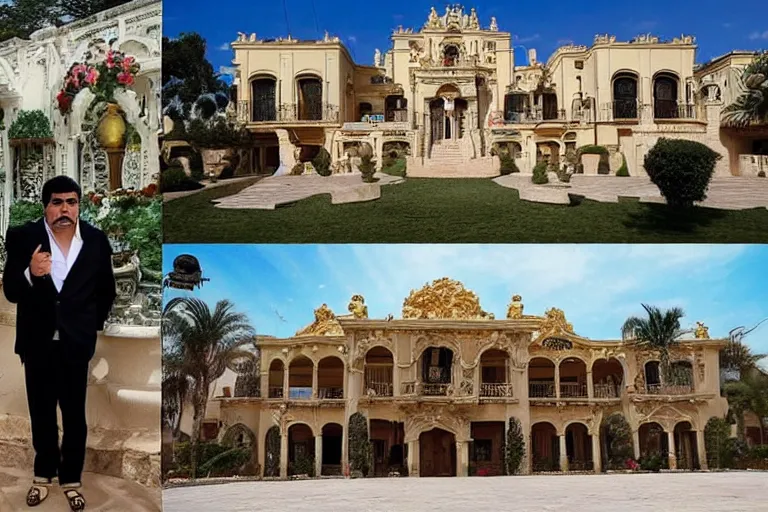 Image similar to el chapo standing in the middle of a grandiose mexican mansion. everything is made out of gold. el chapo is sipping on wine. the mansion is incredible and ornate. chapo has a clockwork chain. there are princesses and queens everywhere around him, lovely scene