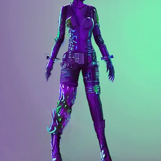 Prompt: cool cyberpunk character female in fullbody pose, purple and teal colors