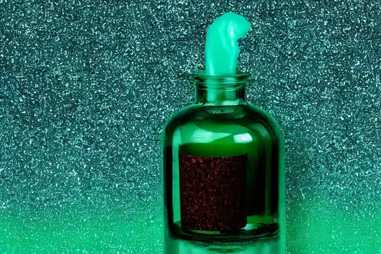 Prompt: small potion with a cork top filled with a glittery green and turquoise gradient liquid, glowing liquid, fantasy, on a desk, old film photo