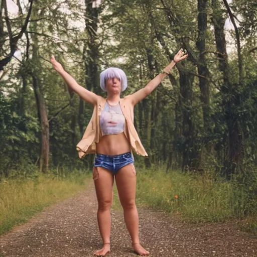 Image similar to cute young woman, short blue hair, tank top, arms raised above her head, cottagecore, razorfree, hippie, naturist, portrait photography, portra 800