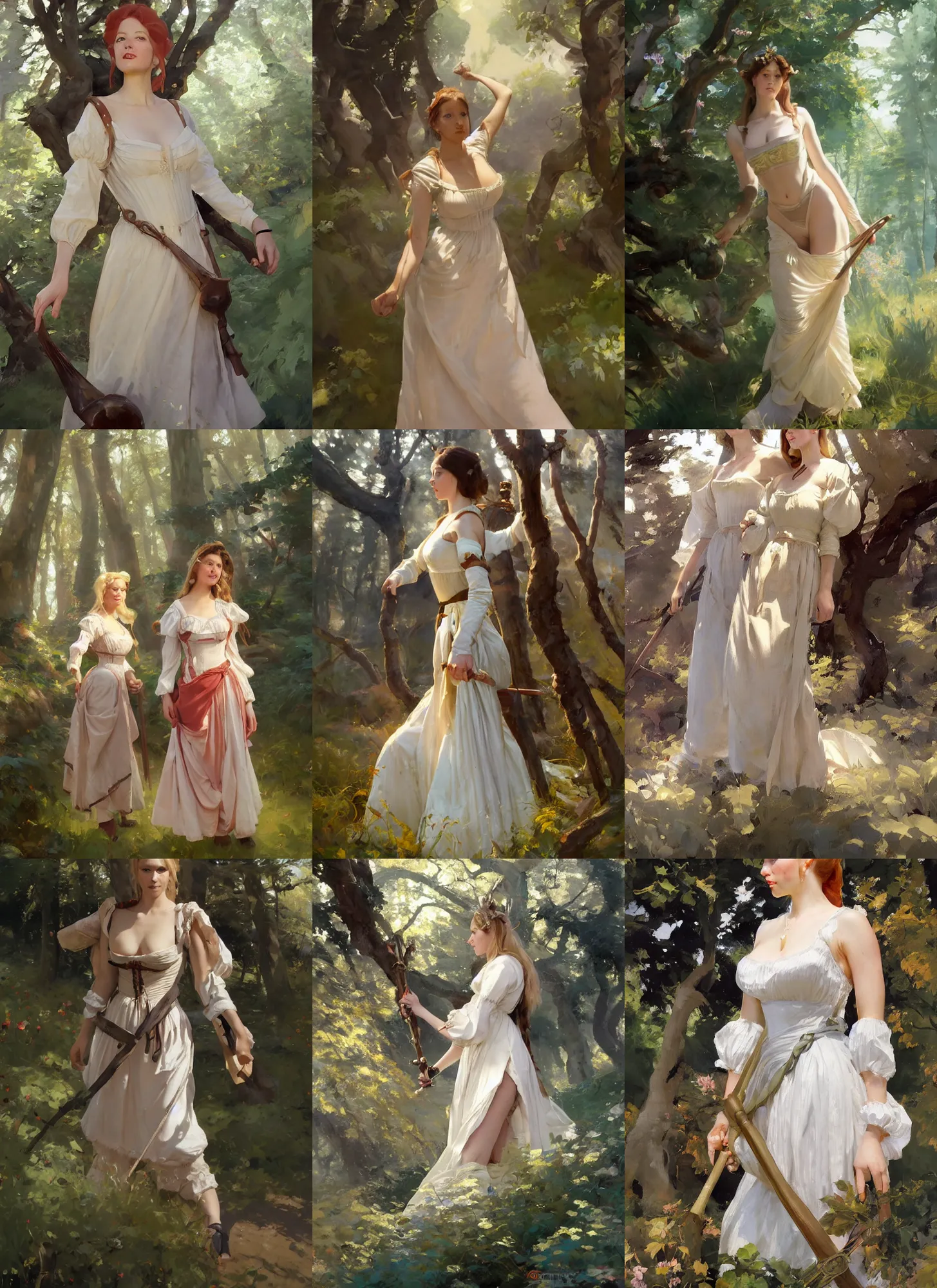 Prompt: thee of finnish norwegian swedish scandinavian attractive glamour models wearing as village maidens in 1 7 th century bodice with low neckline walking in enchanted forest in a sunny day, jodhpurs greg manchess painting by sargent and leyendecker, studio ghibli fantasy medium shot asymmetrical intricate elegant matte painting illustration hearthstone, by greg rutkowski by greg tocchini by james gilleard