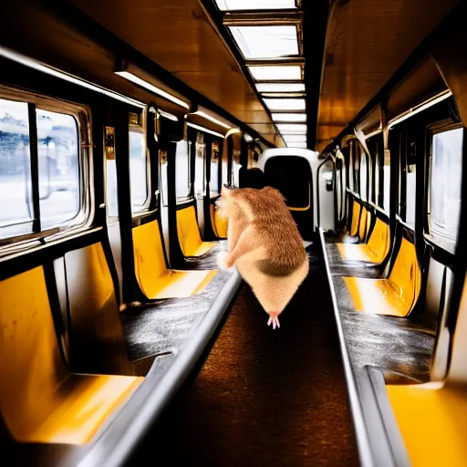 Image similar to photo of a train interior, a brown hamster is sitting on a seat in a train, various poses, unedited, soft light, sharp focus, 8 k