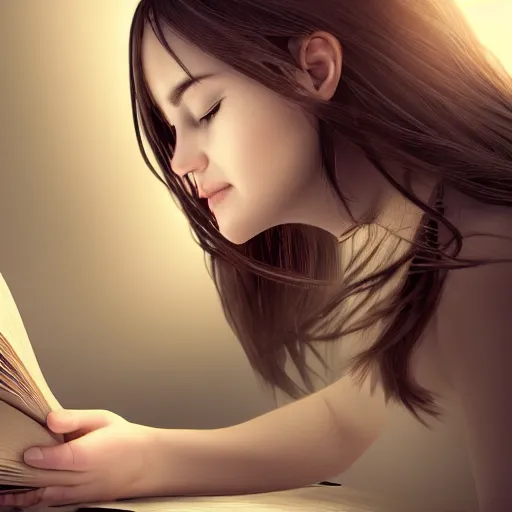 Image similar to ! dream a girl reading a book, her hair flowing down, hyper - realistic, very detailed, intricate, slight smile expression, photo realistic, dramatic cinematic lighting, octane render, 4 k, ultra detailed