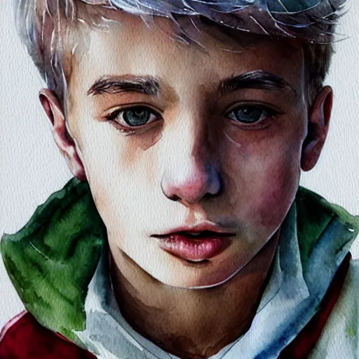 Prompt: white haired teen boy, portrait, artstation, watercolor, highly detailed, by Ross tram