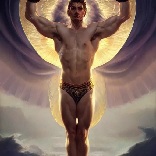 Image similar to portrait of a heavenly god, male, masculine, celestial, full body, muscular, fantasy, intricate, elegant, dramatic lighting, highly detailed, digital painting, artstation, concept art, matte, sharp focus, illustration, art by artgerm and greg rutkowski and alphonse mucha