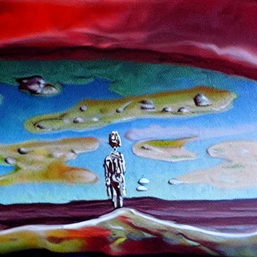 Prompt: oil on styrofoam crust - painting landscape with melt of the captain picard raining wine down on the infidels of the vulcan kingdom