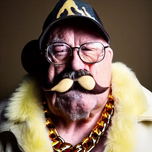 Image similar to dslr portrait photo still of!!! wilfred brimley!!! white mustache as a gangsta rapper with gold chains and gold teeth grills growling at camera, 8 k, 8 5 mm f 1. 8