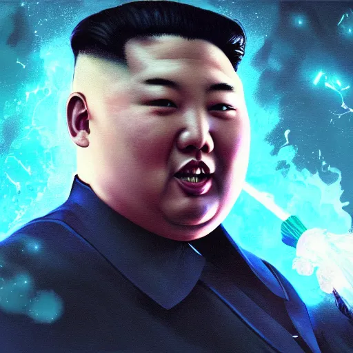 Image similar to portrait of kim - jong un as a spellcaster and mage, league of legends amazing splashscreen artwork, splash art, natural light, elegant, photorealistic facial features, intricate, fantasy, detailed face, atmospheric lighting, anamorphic lens flare, cinematic lighting, league of legends splash art, hd wallpaper, ultra high details by greg rutkowski