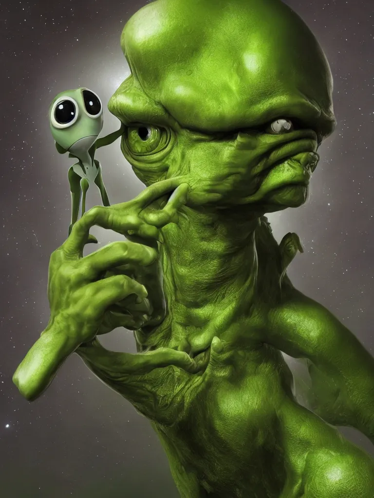 Prompt: selfie of a man, alien with green skin, studio photoshot, 2 eyes, cinematic, cosmic background, high quality, cgsociety, artgerm, 4 k, uhd, 5 0 mm, trending on artstation