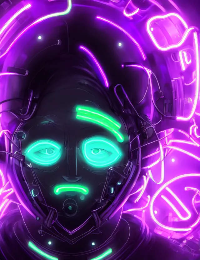 Image similar to a detailed manga portrait of a black haired man with a cybernetic body and face mask with glowing neon purple lights, trending on artstation, digital art, 4 k resolution, detailed, high quality, sharp focus, hq artwork, coherent, insane detail, character portrait