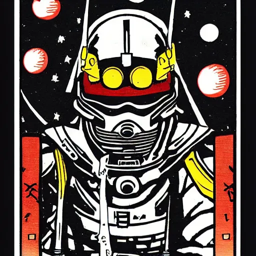 Prompt: imperial japan space marines, tarot card style, pulp noir illustration