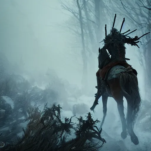 Image similar to the wild hunt, spectres of the night, otherworldly wraiths, bad omens, riding, blizzard chaotic storm, enchanted forest, fog, snow, ice, dreamy, witcher 3, cinematic, breathtaking, vfx, physically based rendering, unreal 5, cgi, concept art, trending in artstation, intricate details, dark fantasy