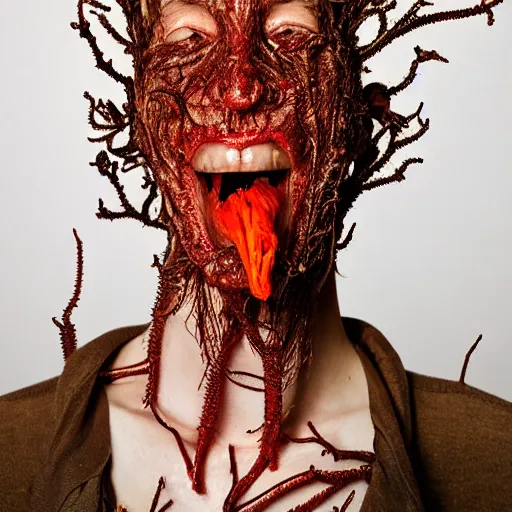 Prompt: long shot photo of a man where his skin is covered with dendritic cordyceps militaris, mouth open, style by david cronenberg, large format full frame photography