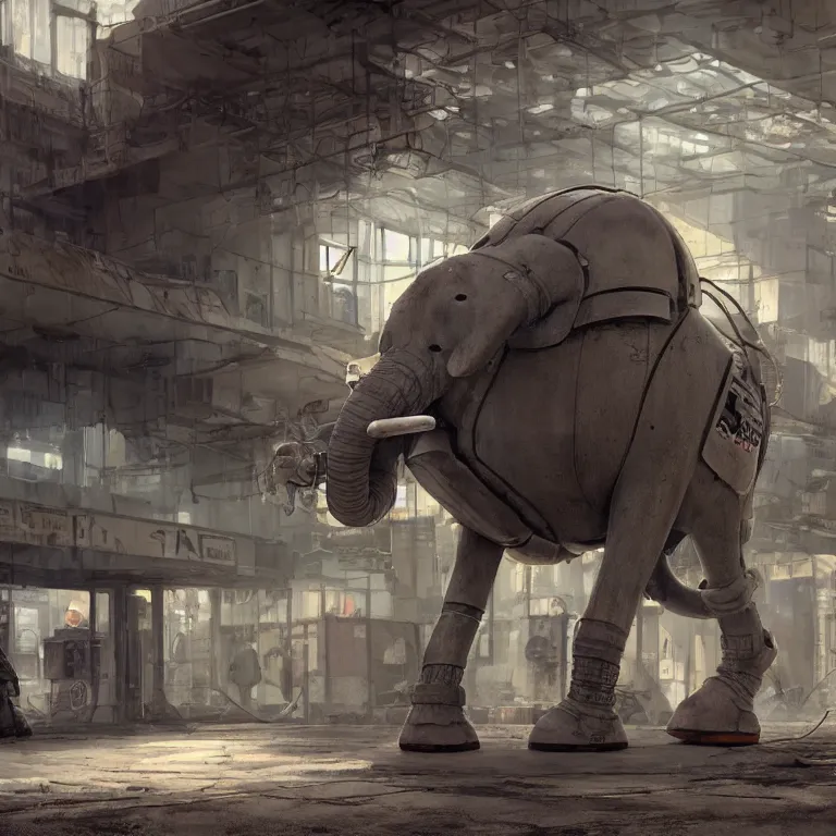 Image similar to a robotic elephant walking through an abandoned gas station in the style of howl's moving castle, 7 0's science fiction comics and enki bilal, cyberpunk, mystical, 8 k, high definition, realism, octane render, cinematic lighting