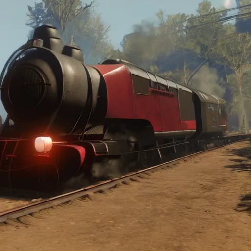 Image similar to futuristic sleek steam locomotive in red dead redemption 2