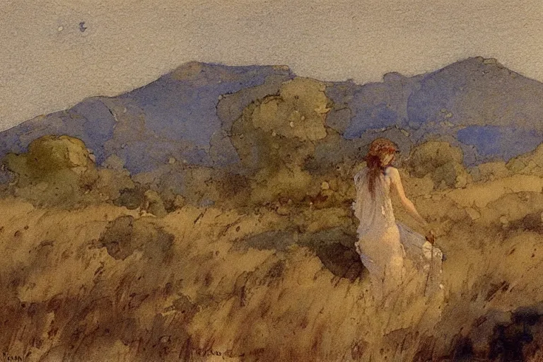 Prompt: a landscape by william russell flint, dawn