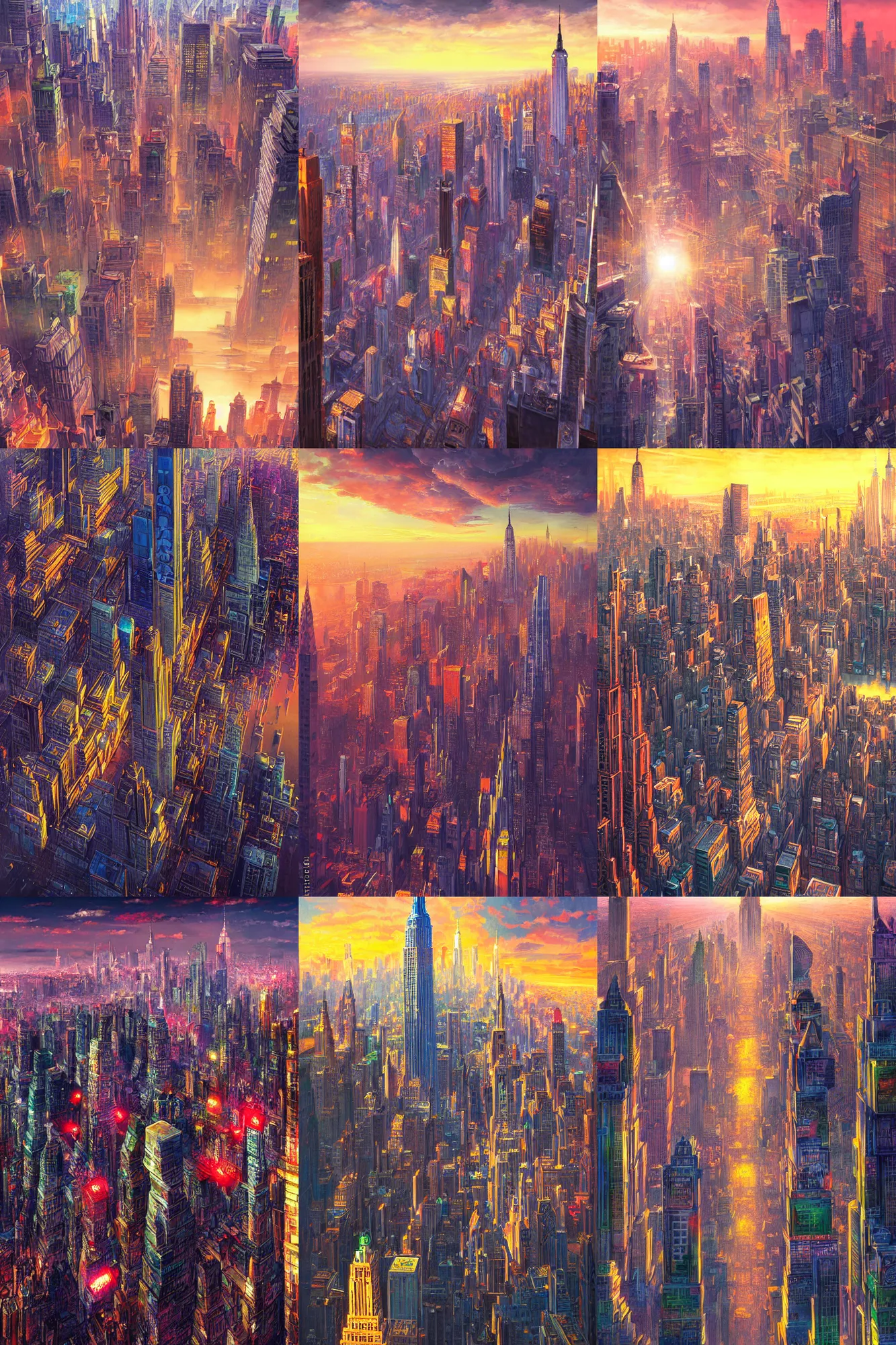 Prompt: colorful futuristic newyork, lots of building, lots of signs, empire building, view from the sky, by yoshitaka amano, hiroshi yoshida, painterly, ultra detailed, sunset light, digital art, concept art, illustration