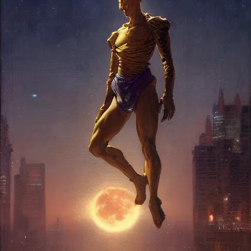 Prompt: saitama floating high in the night, fantasy, full moon in background. highly detailed painting by gaston bussiere, craig mullins, j. c. leyendecker, mid shot, 8 k realistic, cryengine, frostbite 3 engine, sharp focus