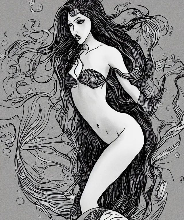 Image similar to black and white illustration, creative design, dark fantasy, beautiful mermaid, full body, swimming in ocean, fish tail bikini top flowing hair