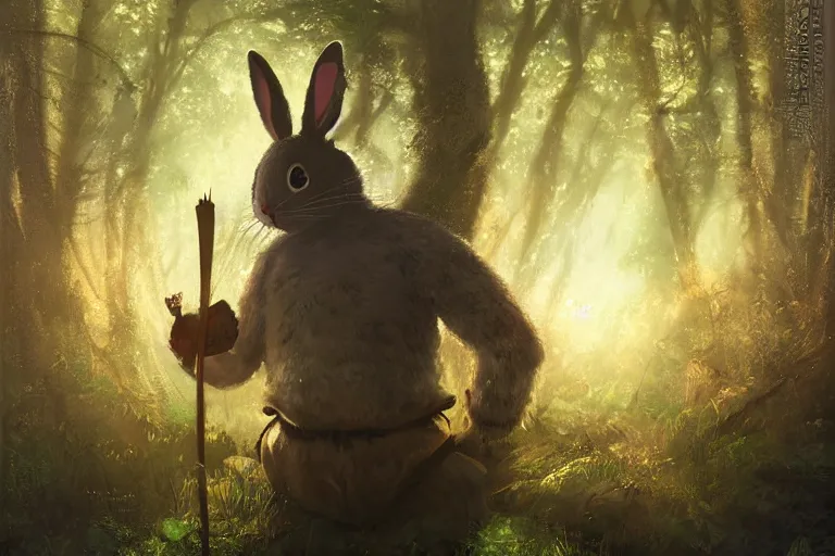 Prompt: portrait of an ashigaru bunny, sunset, ominous shadows through the forest, he has a pike, studio ghibli, the bunny is in a forest valley by brian froud and jessica rossier